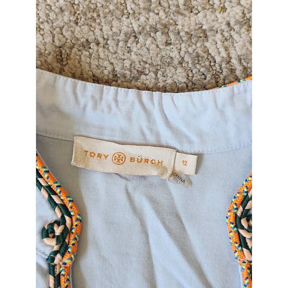 Tory Burch Light Blue Embroidered V-Neck Cotton Tunic Size 12 Boho Resort - Picture 2 of 12